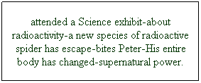 Text Box: attended a Science exhibit-about radioactivity-a new species of radioactive spider has escape-bites Peter-His entire body has changed-supernatural power.
