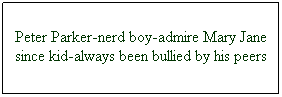 Text Box: Peter Parker-nerd boy-admire Mary Jane since kid-always been bullied by his peers
