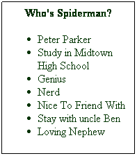 Text Box: Who's Spiderman?
Peter Parker
Study in Midtown High School
Genius
Nerd
Nice To Friend With
Stay with uncle Ben
Loving Nephew
